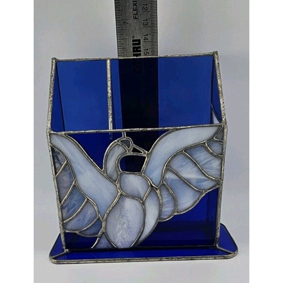 Hand Crafted Sturdy Stained Glass Blue and Milky White Translucent Glass, RH 84 - Picture 7 of 11